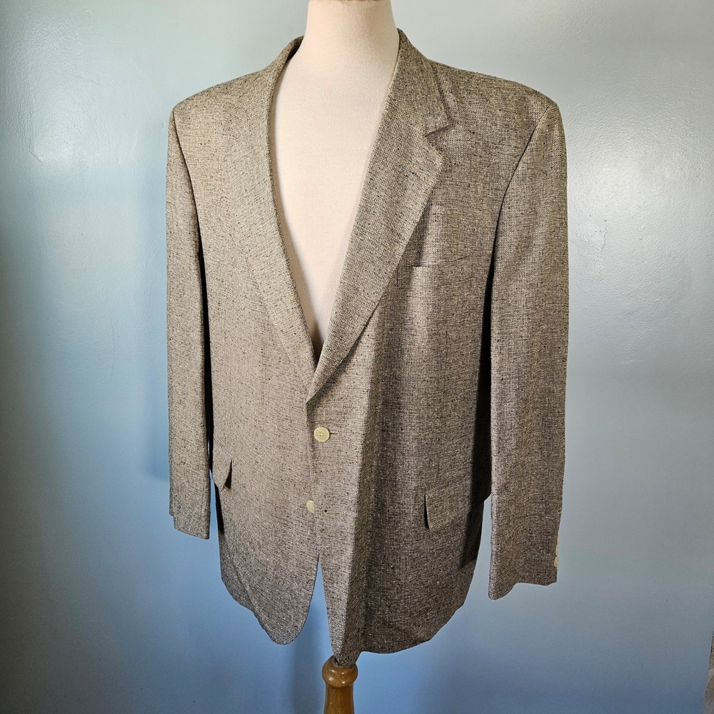 Vtg 90s English Manor Mens 50R Blazer 100% Raw Silk Tan Sport Coat Jacket Poland